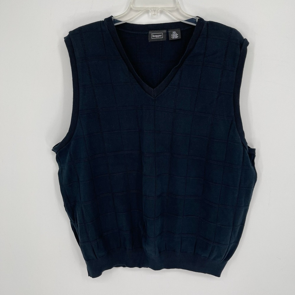Haggar Men's Navy Blue Textured Windowpane V-Neck Golf Sweater Vest Size XXL